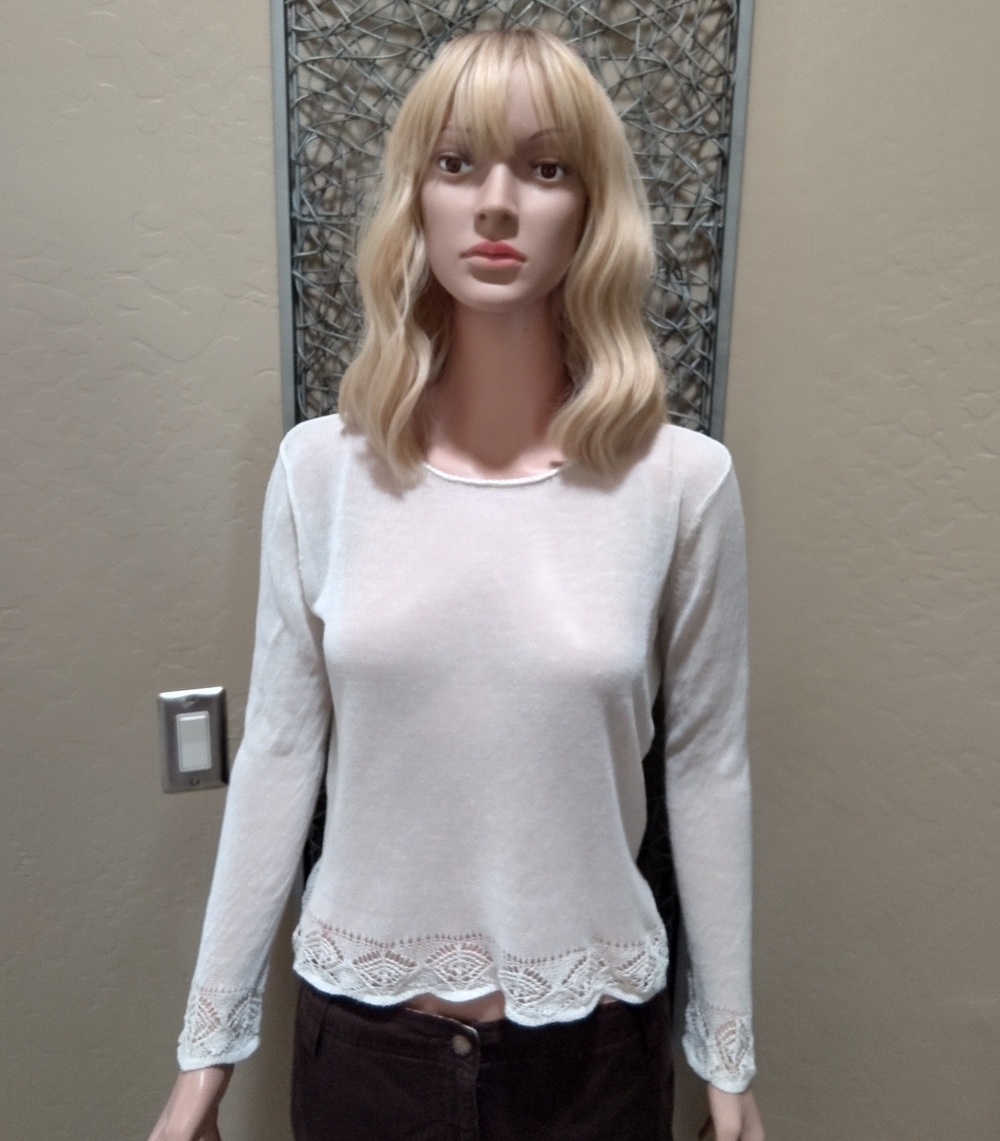 Eileen Fisher White Long-Sleeve Semi Sheer Lightweight Sweater with Crochet Trim
